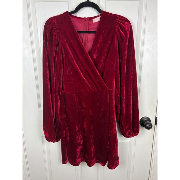 Altar’d State Red Vevlet Puff Balloon Long Sleeve Faux Wrap Dress Medium - Picture 8 of 8